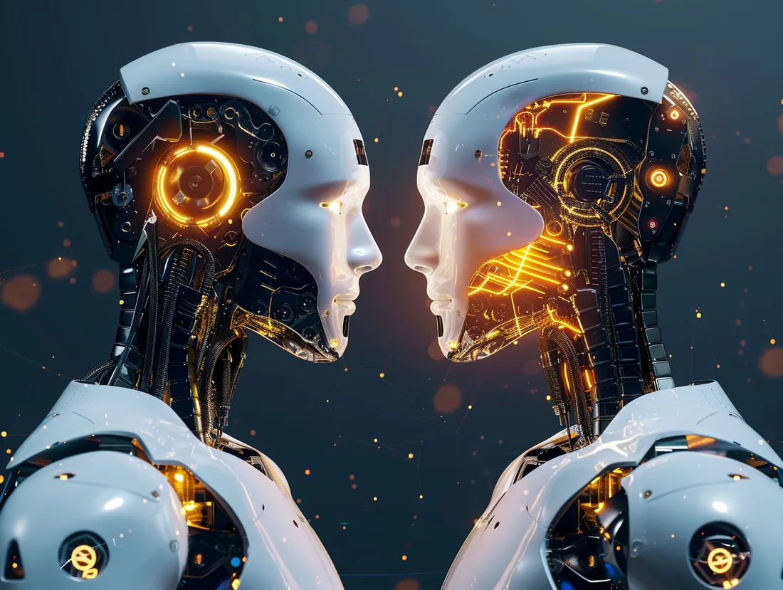 Illustration for CherryNio, an AI language model aggregation service: two AI robot heads facing each other