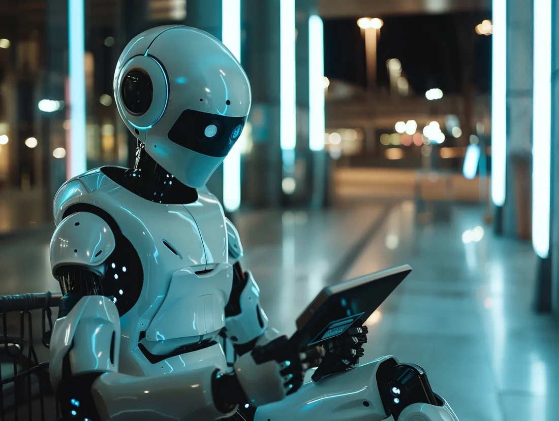Illustration of a humanoid robot using a tablet
