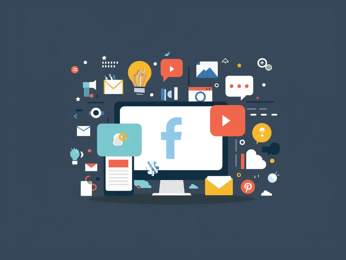 Illustration of a computer screen surrounded by messaging and social media icons